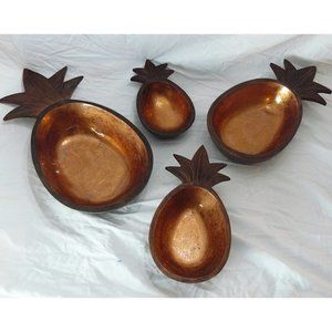 RARE OOAK - Set 4 Wooden Pineapple nesting bowls w/ Gold Leaf interior, EUC
